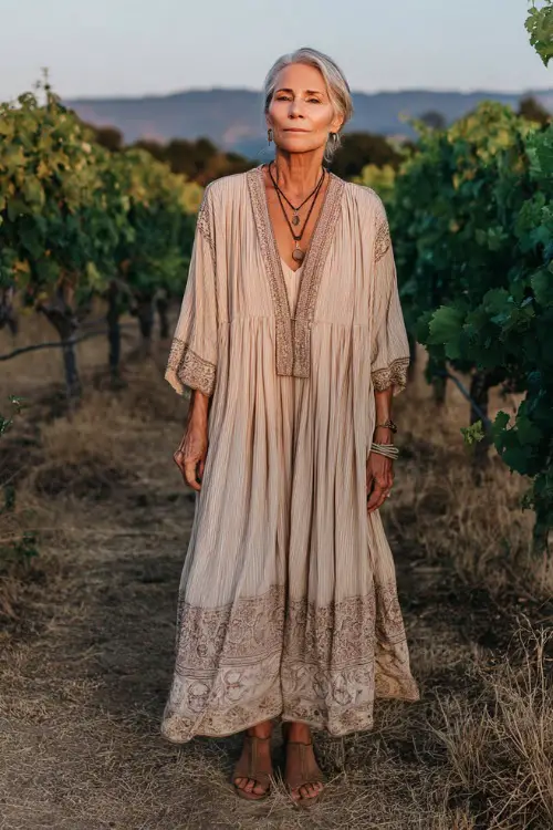 A woman over 60 wears a soft boho maxi dress with flowing fabric and subtle patterns 