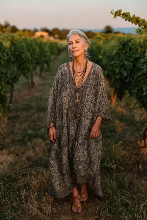 A woman over 60 wears a soft boho maxi dress with flowing fabric and subtle patterns 