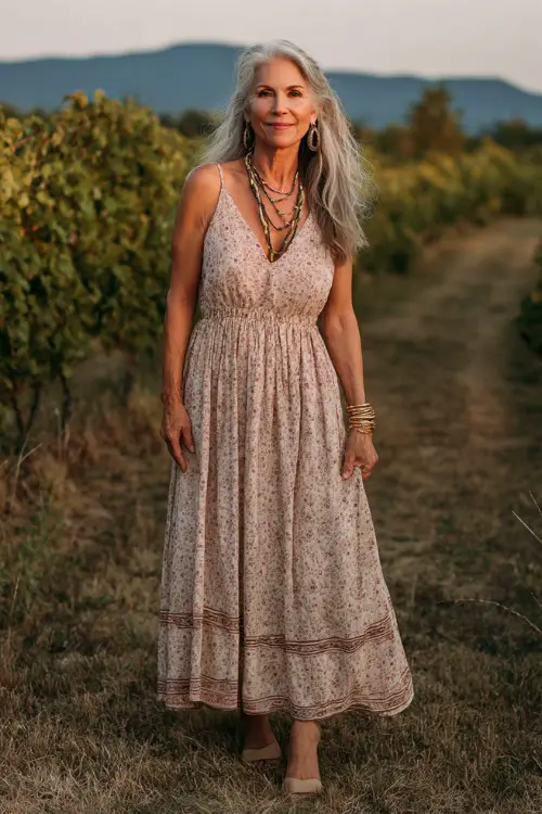 A woman over 60 wears a soft boho maxi dress with flowing fabric and subtle patterns