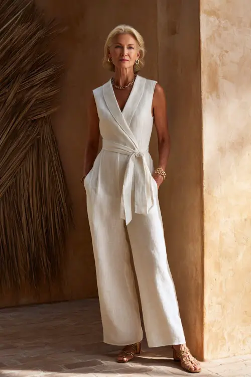 A woman over 60 wears a structured linen jumpsuit with a cinched waist, paired with strappy sandals and elegant jewelry