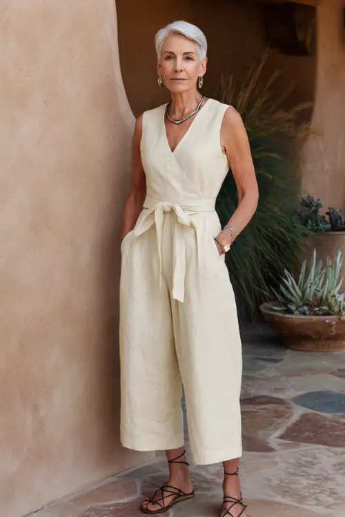 A woman over 60 wears a structured linen jumpsuit with a cinched waist
