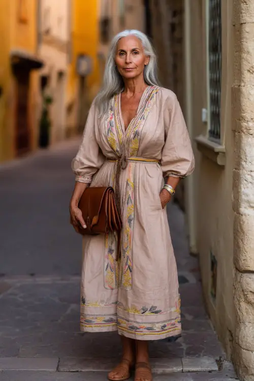 A woman over 60 wears a tailored boho midi dress with delicate embroidery and a flattering silhouette 