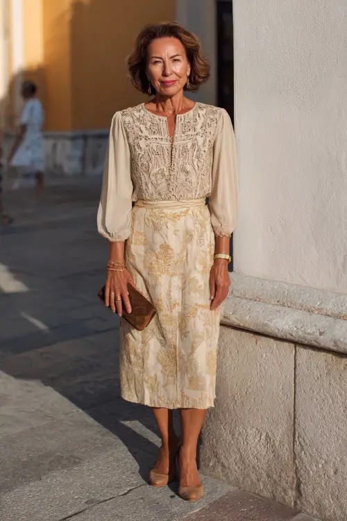 A woman over 60 wears a tailored boho midi dress with delicate embroidery and a flattering silhouette