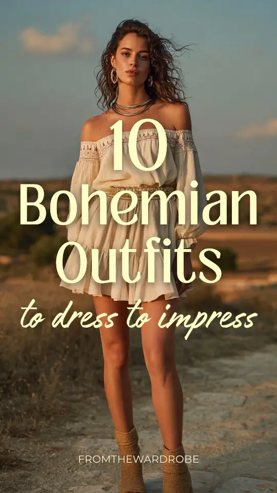 A woman wears a bohemian outfit to dress to impress with an off-shoulder blouse with delicate embroidery tucked into a high-waisted tiered skirt