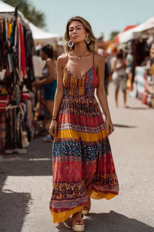 A woman wears a boho maxi dress with bold patterns and a flowy silhouette, styled with platform sandals and statement earrings 