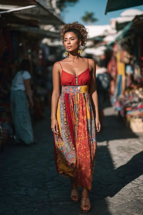 A woman wears a boho maxi dress with bold patterns and a flowy silhouette, styled with platform sandals and statement earrings