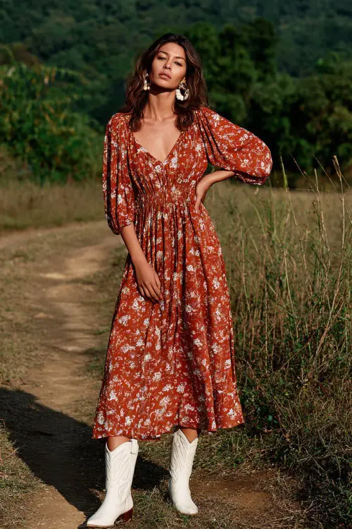 A woman wears a boho midi dress with delicate patterns and a cinched waist