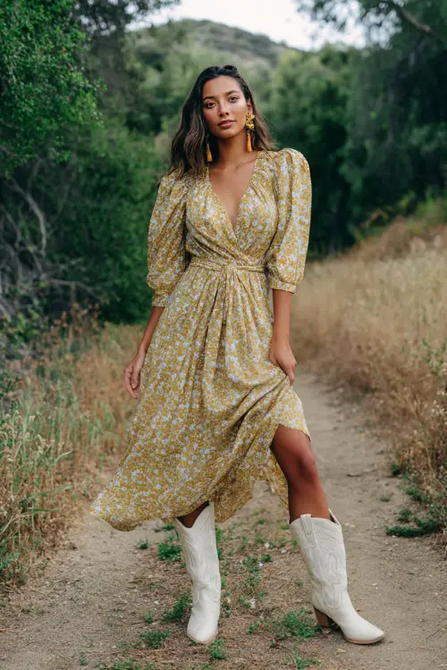 A woman wears a flowy western boho dress with tiered layers and earthy tones, paired with black cowboy boots and layered jewelry