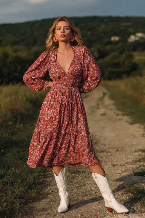 A woman wears a boho midi dress with delicate patterns and a cinched waist, styled with white cowboy boots and bold earrings