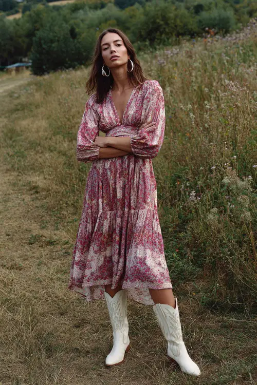 A woman wears a boho midi dress with delicate patterns and a cinched waist