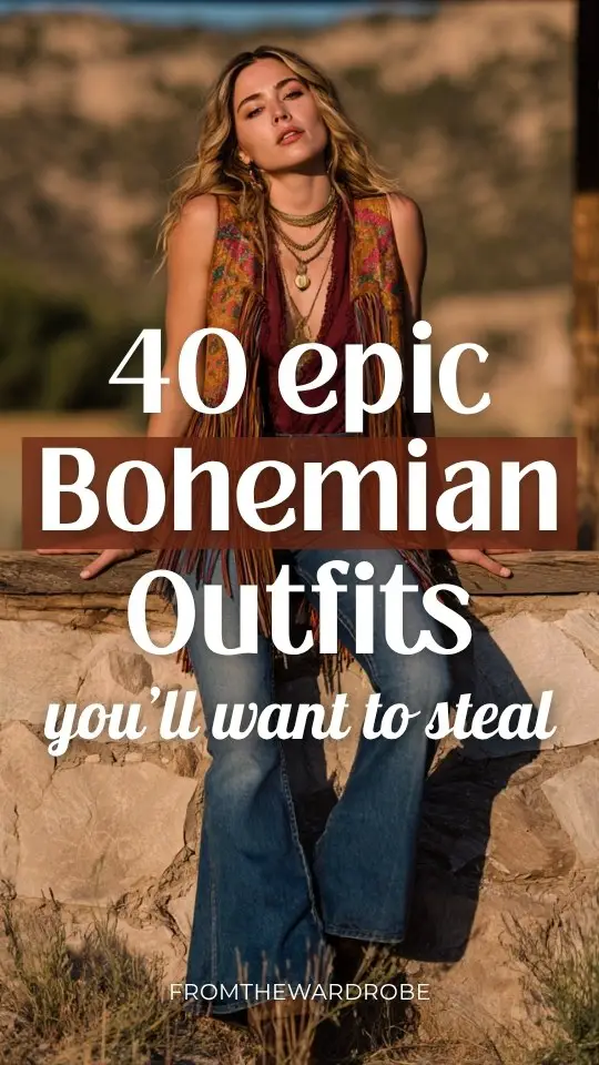 A woman wears a boho outfit with a fringe boho vest layered over a simple blouse and flared jeans, paired with heeled boots and statement jewelry