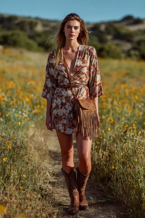 A woman wears a boho wrap dress with earthy tones and a flattering silhouette