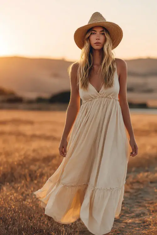 A woman wears a breezy boho maxi dress with light fabric and delicate details, styled with flat sandals and a straw hat, standing in a peaceful countryside field