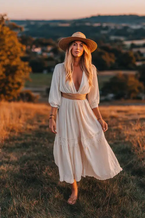 A woman wears a breezy boho maxi dress with light fabric and delicate details, styled with flat sandals and a straw hat