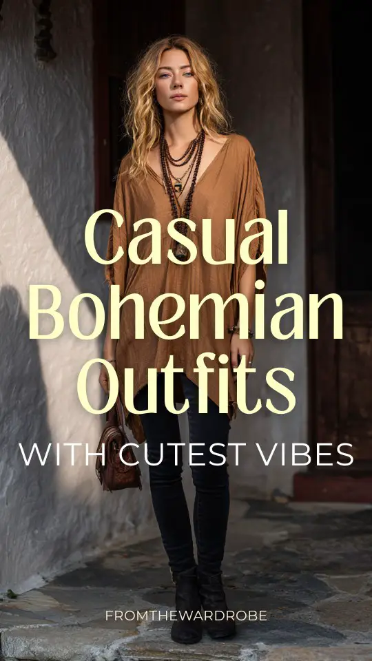 A woman wears a casual boho outfit with a loose tunic top with skinny jeans and ankle boots, styled with layered necklaces and a leather handbag