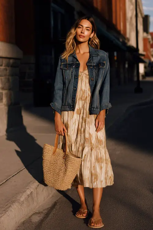 A woman wears a casual denim jacket layered over a soft boho dress, paired with flat sandals and a woven tote