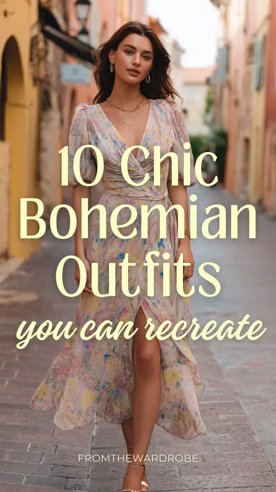 A woman wears a chic boho outfit with a pastel boho wrap dress with soft floral prints, paired with low heels and delicate accessories