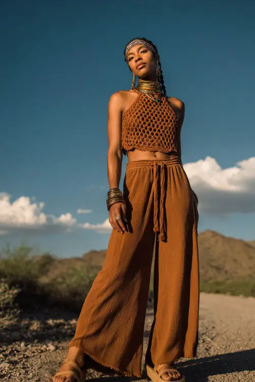 A woman wears a crochet top paired with flowy wide-leg pants in warm neutral shades, styled with platform sandals and bold accessories 