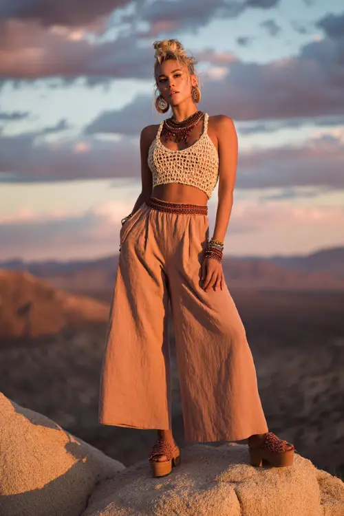A woman wears a crochet top paired with flowy wide-leg pants in warm neutral shades, styled with platform sandals and bold accessories