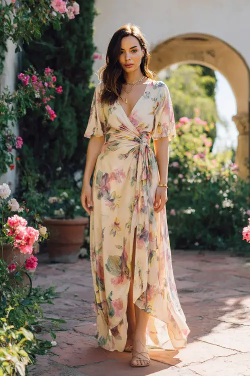 A woman wears a floral wrap maxi dress with soft pastel colors, styled with low heel sandals and delicate jewelry 