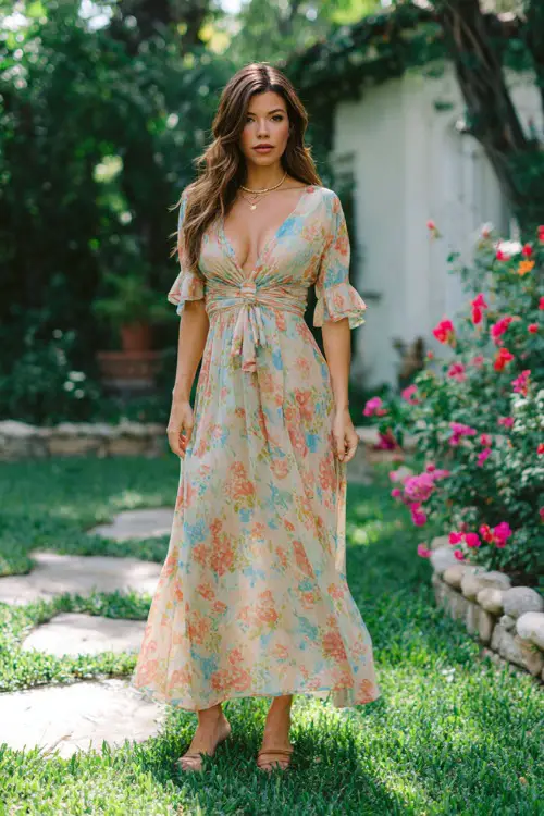 A woman wears a floral wrap maxi dress with soft pastel colors, styled with low heel sandals and delicate jewelry