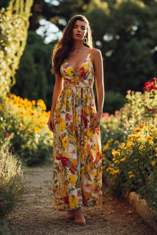A woman wears a flowing boho maxi dress with bold floral prints and a flattering silhouette, paired with heeled sandals and statement earrings 