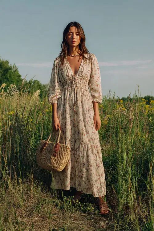 A woman wears a flowy boho maxi dress with soft floral prints and a relaxed silhouette, paired with flat leather sandals and a woven tote bag 