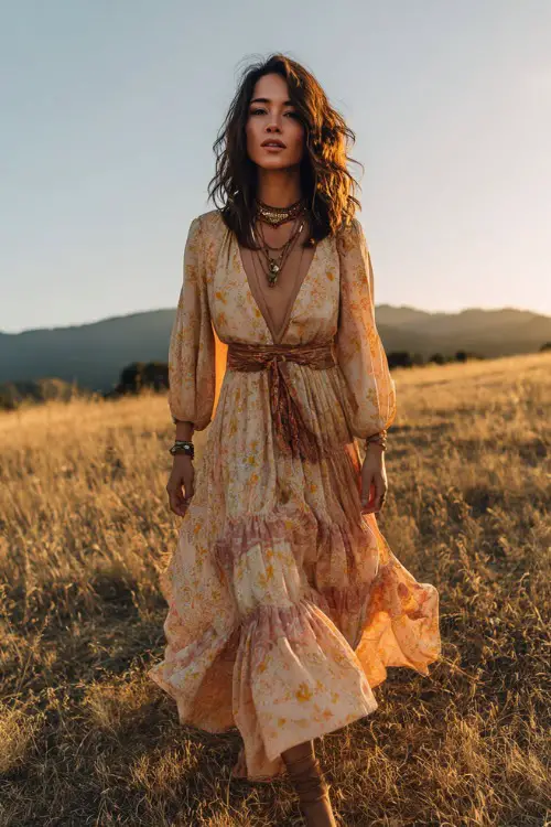 A woman wears a flowy boho maxi dress with vintage-inspired floral prints, paired with flat leather sandals and layered necklaces 