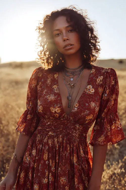A woman wears a flowy boho maxi dress with vintage-inspired floral prints, paired with flat leather sandals and layered necklaces