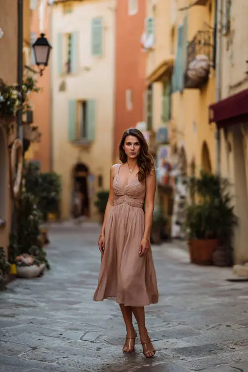 A woman wears a flowy midi dress with soft pastel tones and delicate details, paired with low heels and minimal jewelry