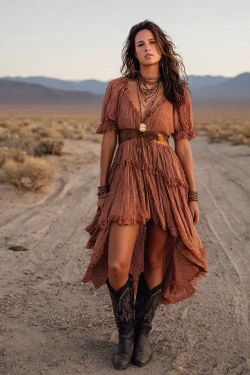 A woman wears a flowy western boho dress with tiered layers and earthy tones, paired with black cowboy boots and layered jewelry