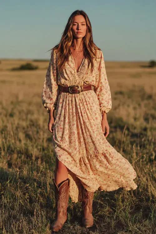 A woman wears a flowy western boho maxi dress with soft floral prints