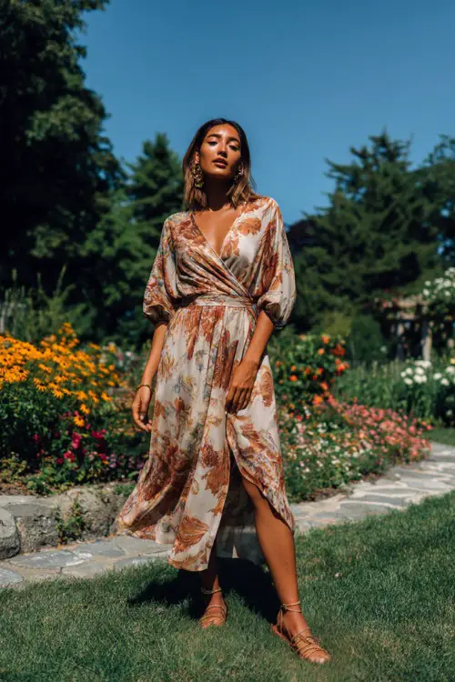 A woman wears a flowy wrap dress with earthy prints and a relaxed silhouette, paired with strappy sandals and layered accessories 