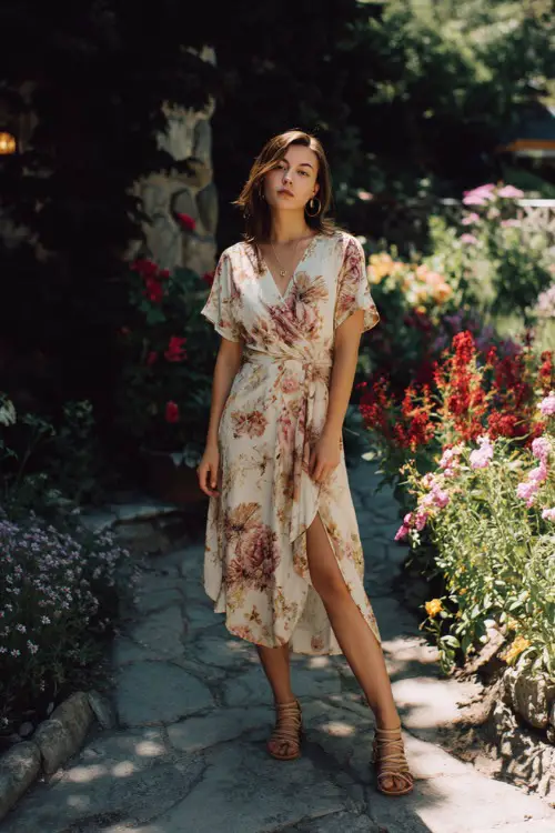 A woman wears a flowy wrap dress with earthy prints and a relaxed silhouette, paired with strappy sandals and layered accessories 