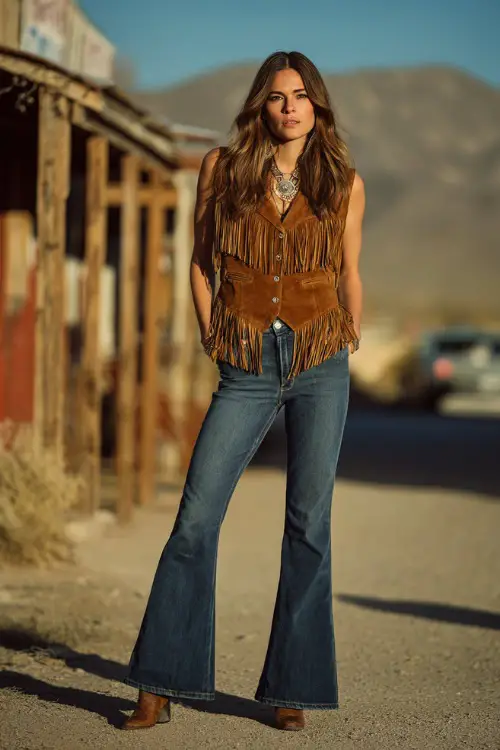 A woman wears a fringe boho vest layered over a simple blouse and flared jeans, paired with heeled boots and statement jewelr