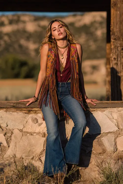 A woman wears a fringe boho vest layered over a simple blouse and flared jeans, paired with heeled boots and statement jewelry 