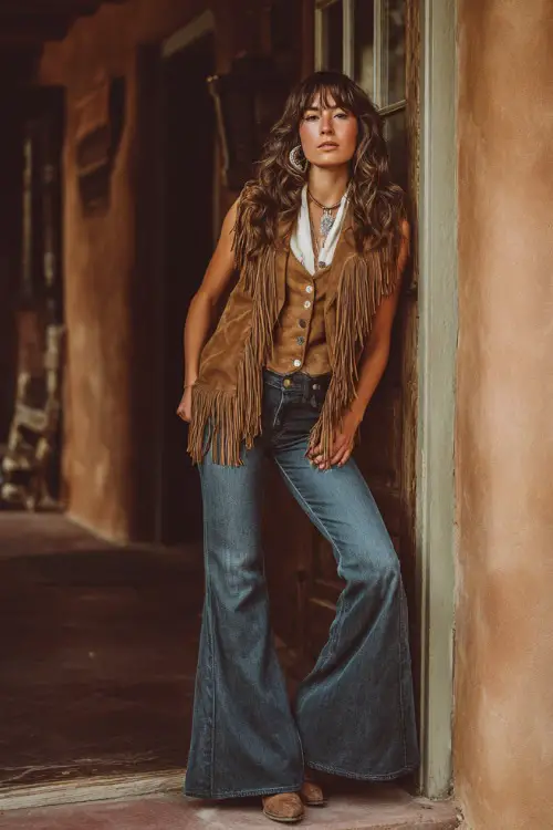 A woman wears a fringe boho vest layered over a simple blouse and flared jeans, paired with heeled boots and statement jewelry 