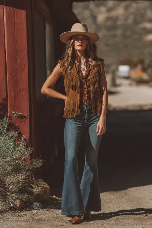 A woman wears a fringe boho vest layered over a simple blouse and flared jeans, paired with heeled boots and statement jewelry