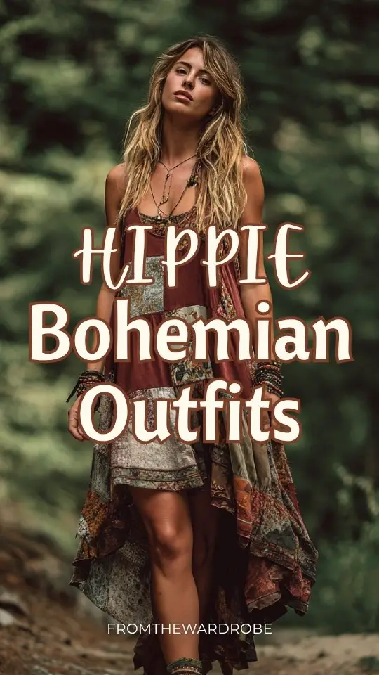 A woman wears a hippie boho outfit with a sleeveless boho dress with patchwork patterns and a loose silhouette, styled with leather sandals and stacked bracelets