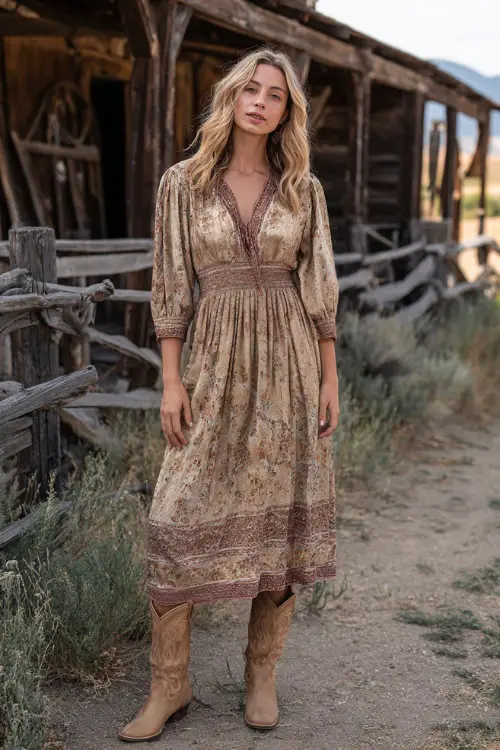 A woman wears a lightweight boho midi dress in earthy tones with subtle patterns 