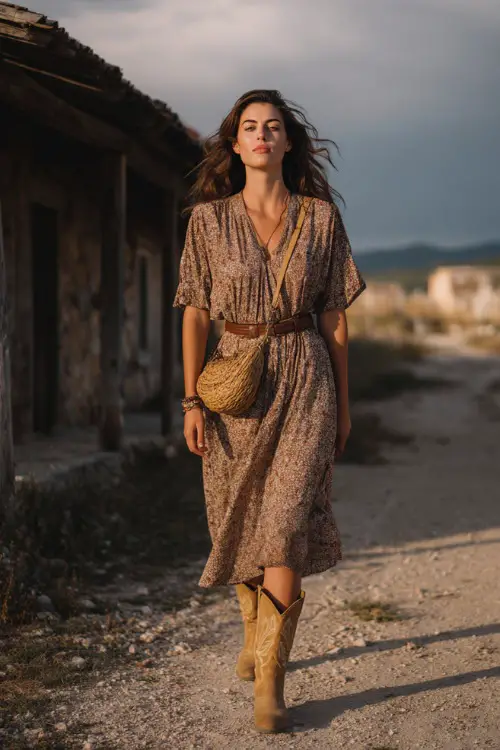 A woman wears a lightweight boho midi dress in earthy tones with subtle patterns