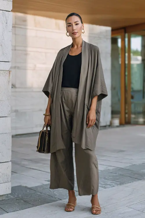 A woman wears a lightweight kimono layered over a fitted top and tailored wide-leg pants, styled with heeled sandals and a structured bag 