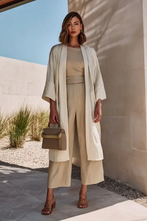 A woman wears a lightweight kimono layered over a fitted top and tailored wide-leg pants, styled with heeled sandals and a structured bag 