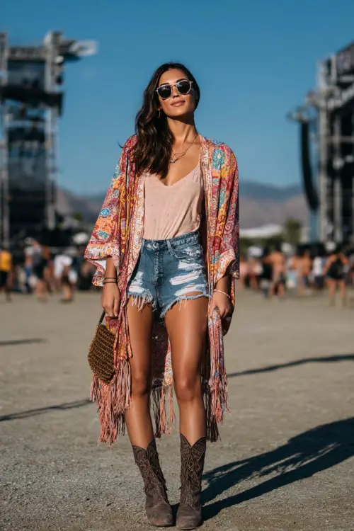 A woman wears a lightweight kimono layered over a simple tank top and distressed denim shorts, styled with ankle boots and a fringed bag 