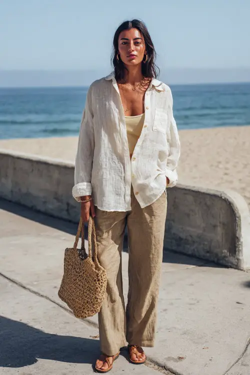 A woman wears a lightweight linen button-down shirt worn open over a tank top with relaxed-fit pants, paired with flat sandals and a woven bag 