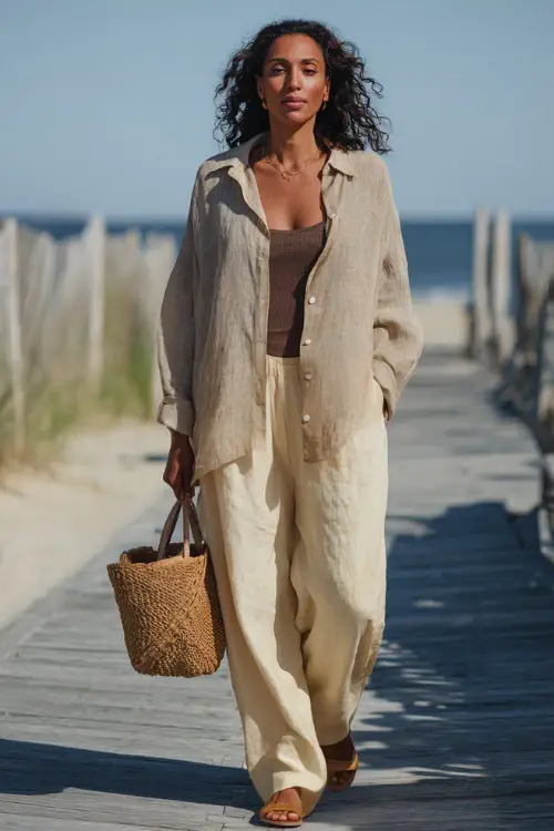 A woman wears a lightweight linen button-down shirt worn open over a tank top with relaxed-fit pants, paired with flat sandals and a woven bag 