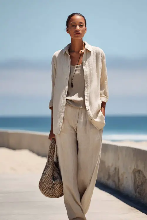 A woman wears a lightweight linen button-down shirt worn open over a tank top with relaxed-fit pants, paired with flat sandals and a woven bag