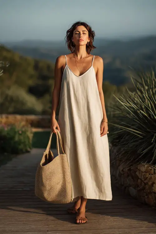 A woman wears a lightweight linen maxi dress with a relaxed fit and subtle texture, paired with flat sandals and a straw tote 