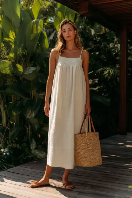 A woman wears a lightweight linen maxi dress with a relaxed fit and subtle texture, paired with flat sandals and a straw tote 