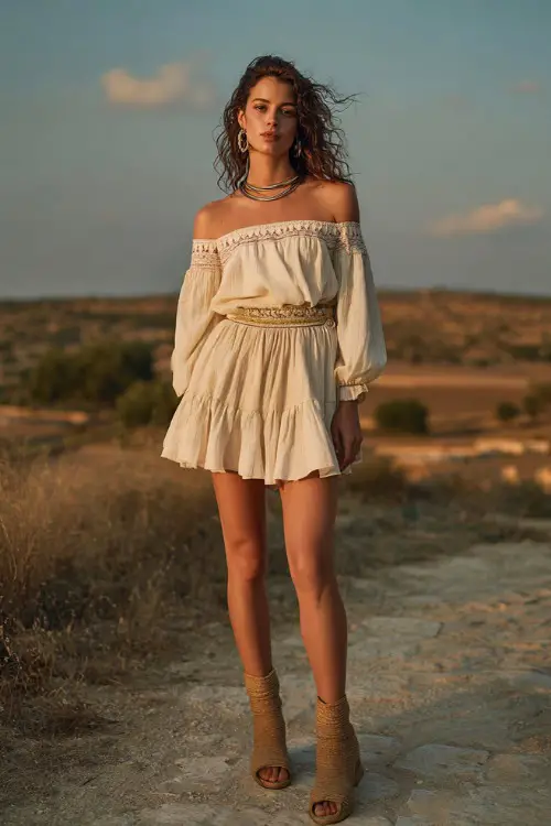 A woman wears a lightweight off-shoulder blouse with delicate embroidery tucked into a high-waisted tiered skirt, styled with espadrille wedges and layered jewelry 